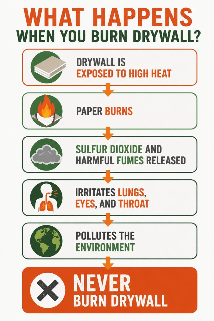Flow chart infographic showing what happens when drywall is burned, including toxic fumes, sulfur dioxide release, health risks, environmental pollution, and a warning to never burn drywall.