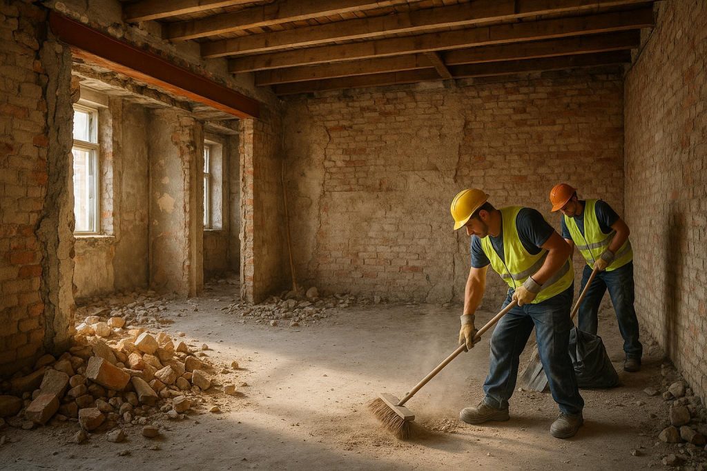 Crew removing leftover demolition debris in a partially cleared interior.