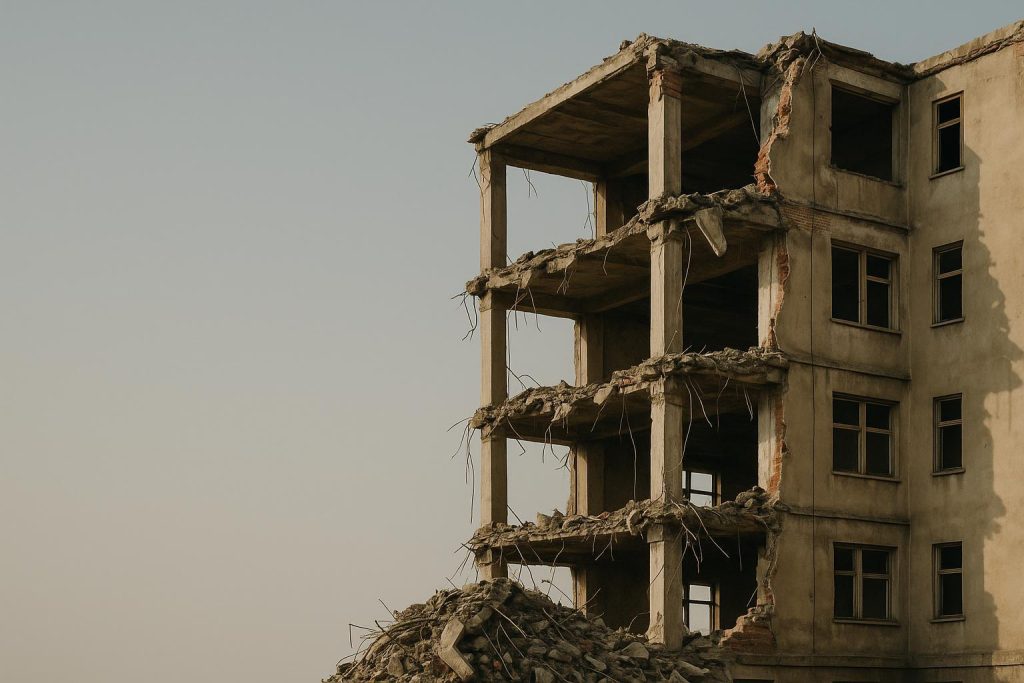 Partially demolished historic building highlighting demolition restrictions.
