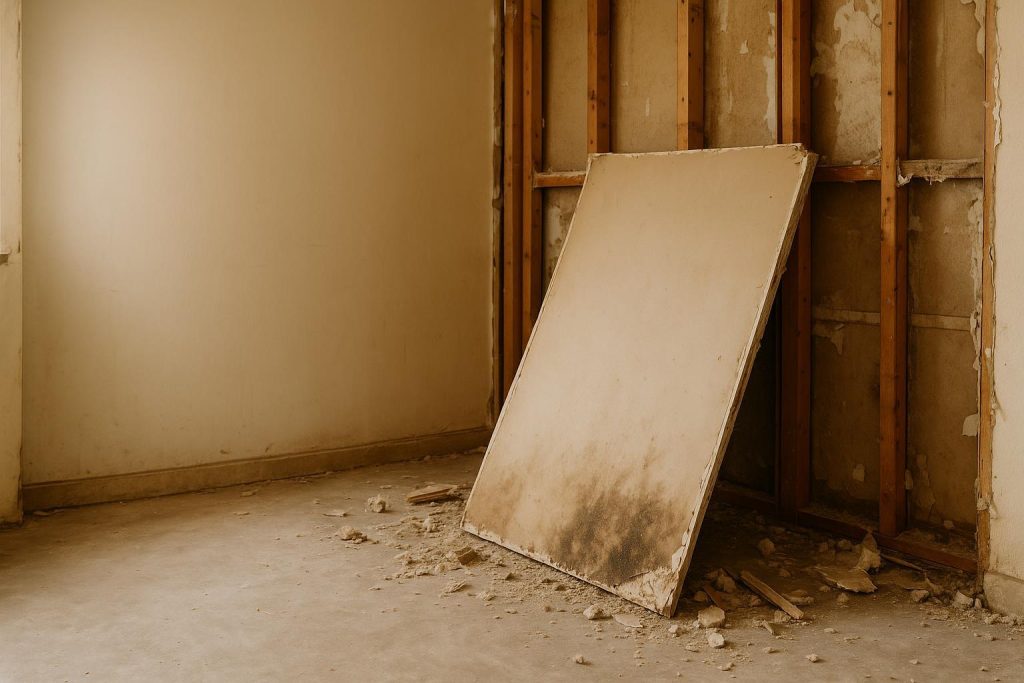 Damp drywall disposal in a partially demolished space for damaged drywall disposal.