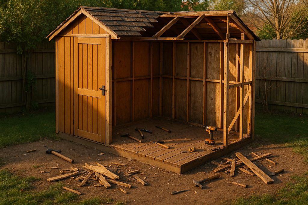 Partial backyard shed demolition in progress with tools and debris nearby.