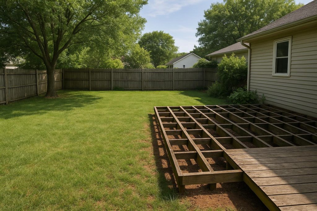 Partially dismantled wooden deck depicting a deck removal process.