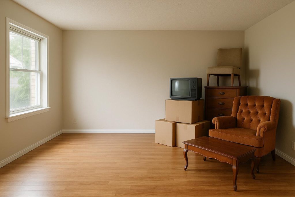 Sunlit living room partially cleared of furniture for estate cleanout.