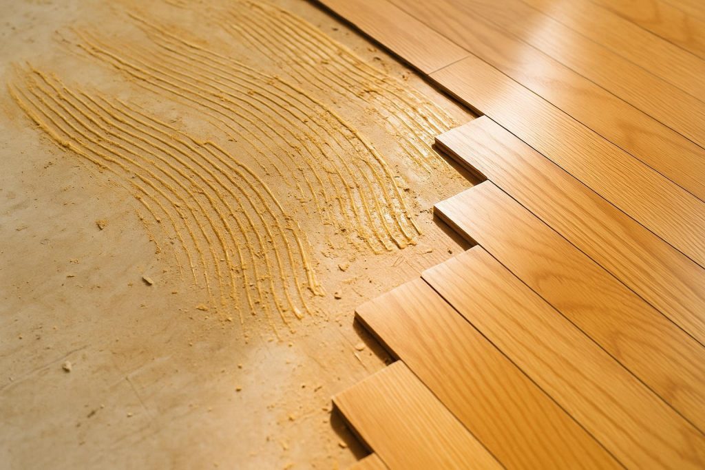Partially removed hardwood flooring with leftover adhesive for flooring glue removal.