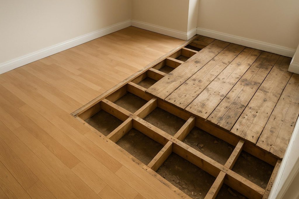 Partially removed wooden subfloor in a home interior for floor removal.