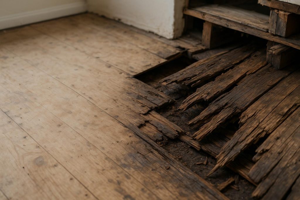 Rotted subfloor boards showing damage, relevant to floor removal needs.
