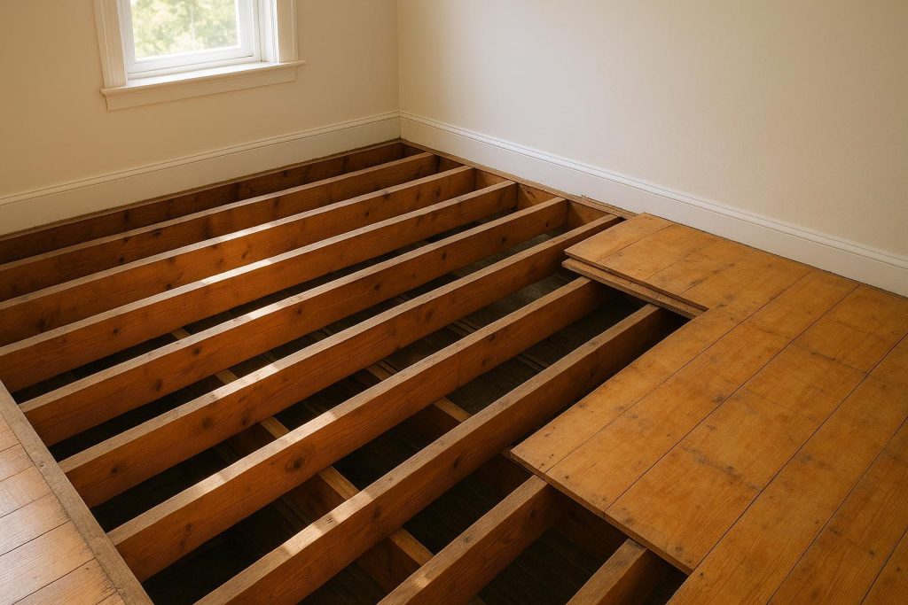 Partially torn-up subfloor showing exposed joists for floor removal.