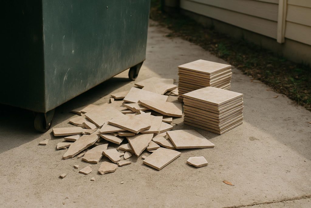 Broken flooring tiles near a bin for tile floor removal.