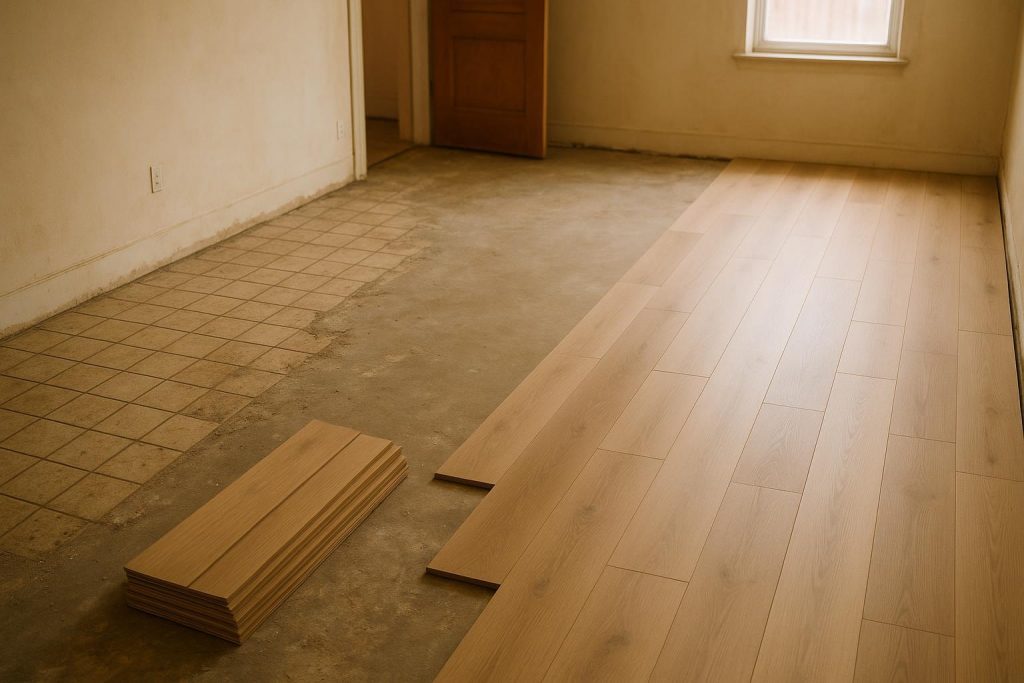 Partly removed tile floor and new flooring materials, illustrating tile floor removal.