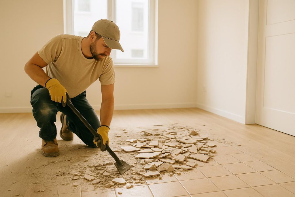 Worker performing tile floor removal in a bright interior.