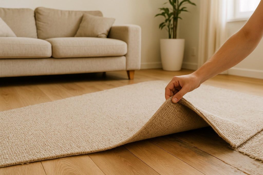 Person lifts carpet corner to reveal hidden hardwood floors, referencing removing hardwood floors