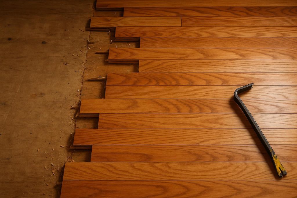 Worker removing glued hardwood floor planks with a pry bar in progress.