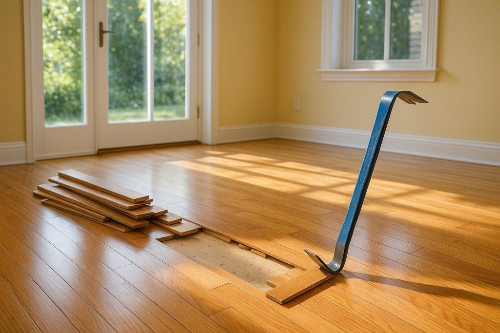 A pry bar removing hardwood floors in a partially demolished room.