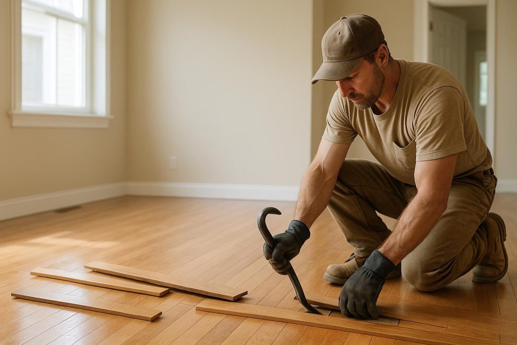 A contractor removing hardwood floors with a crowbar in a well-lit interior.