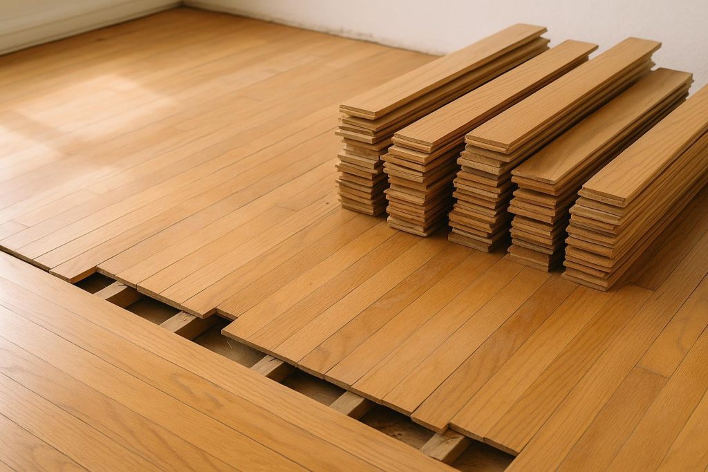 Partially removed hardwood floors ready for recycling or disposal.
