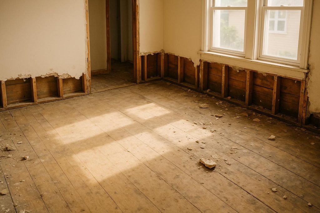 Unreplaced subfloor with visible wear in a partially demolished room for floor removal.