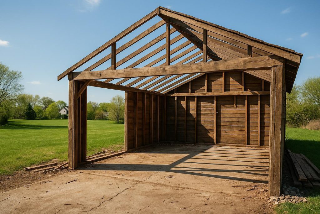 Partially dismantled garage in bright sunlight, representing a demolition scenario.