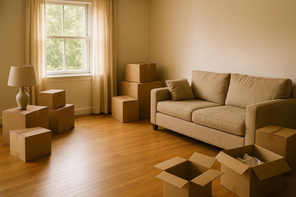 Boxes and furniture in a living room, representing an estate cleanout process.