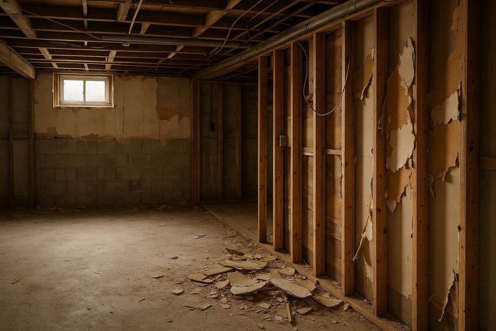 Partially demolished basement with exposed studs for basement demolition.