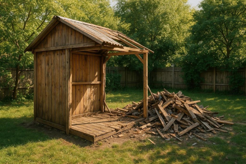 Partially dismantled backyard shed illustrating shed demolition.