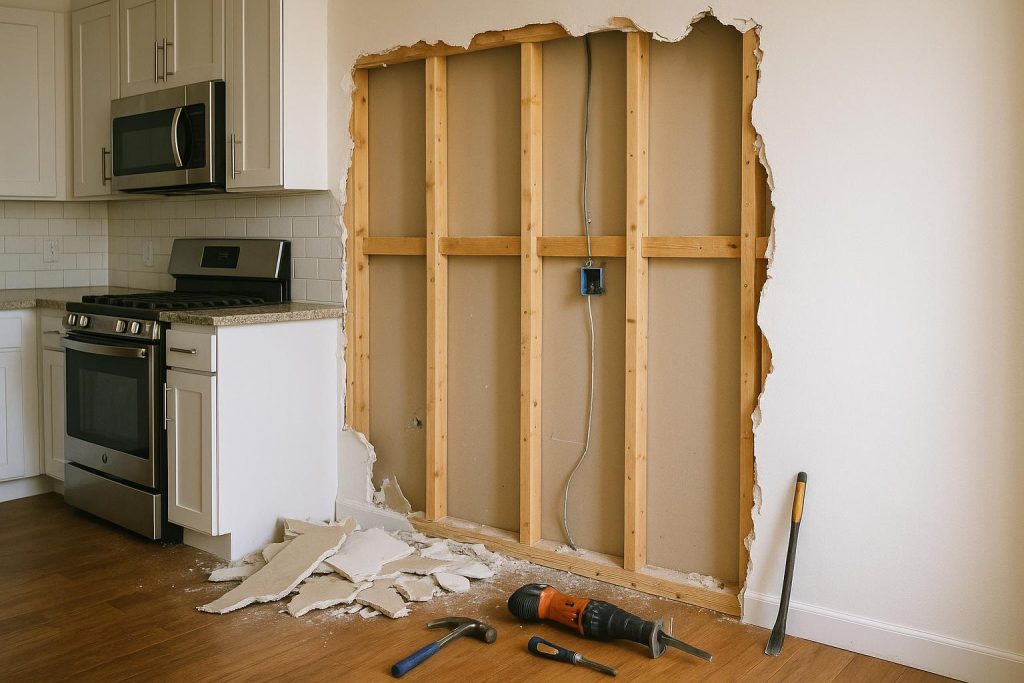 Partially demolished kitchen wall highlighting cost to knock down a kitchen wall.