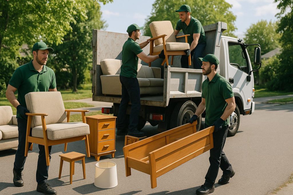 Junk removal crew loading furniture into a truck for responsible disposal.