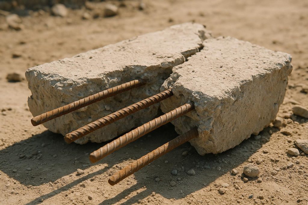 Exposed rebar rods in broken concrete after demolition.