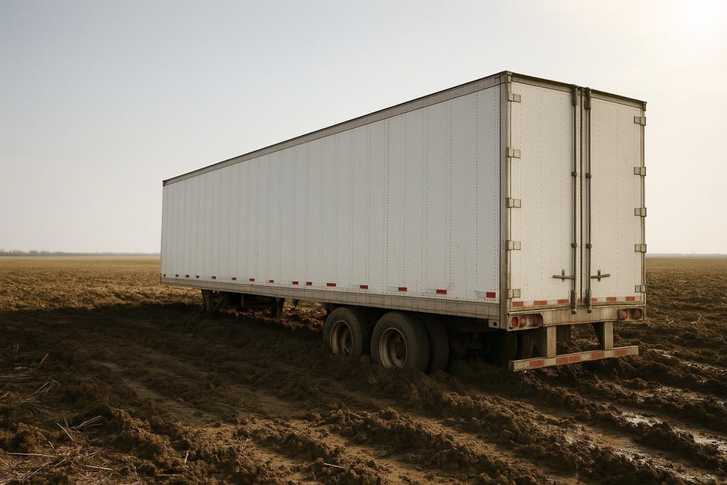 Partially submerged semi trailer stuck in mud, illustrating a tough junk removal case.