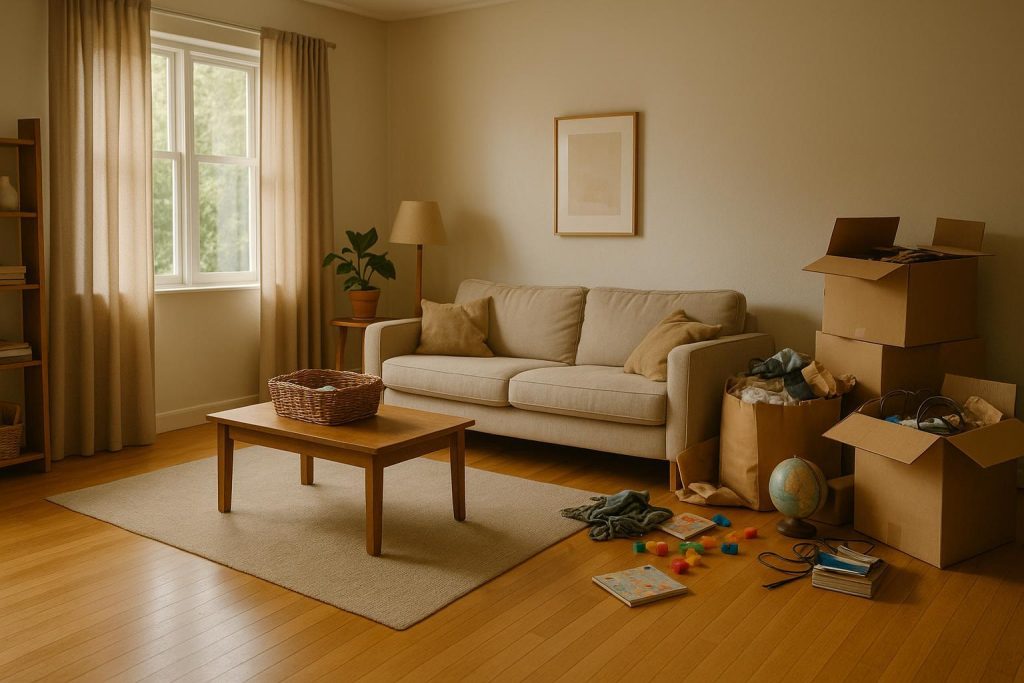 A partially decluttered living room illustrating a hoarding cleanup process.