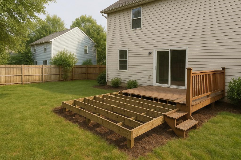 Partially removed backyard deck with minimal landscaping disruption, referencing backyard deck removal