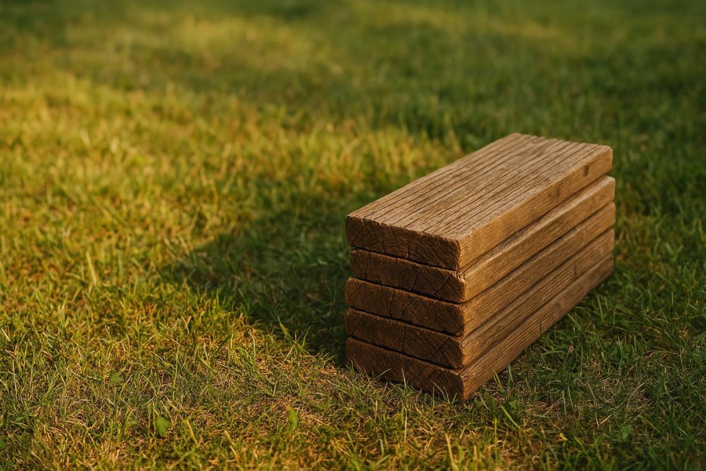 Weathered deck boards stacked for safe deck board disposal in a backyard.
