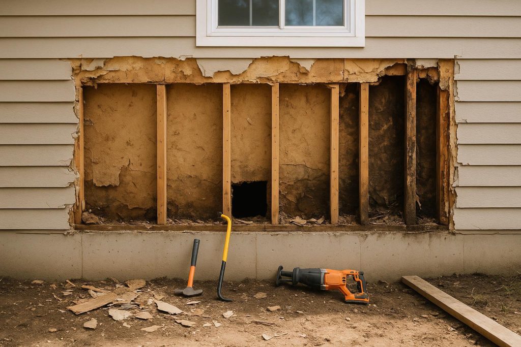 Partially stripped exterior wall under demolition, highlighting load bearing considerations.