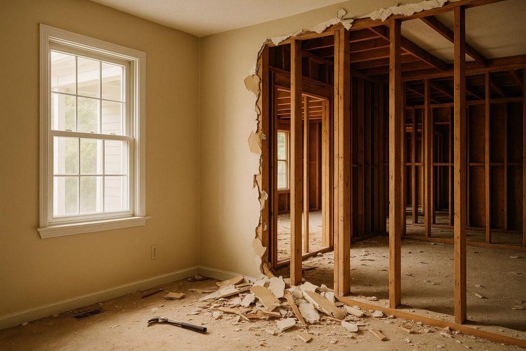 Interior with a partially removed load bearing wall exposing framing and structural elements.