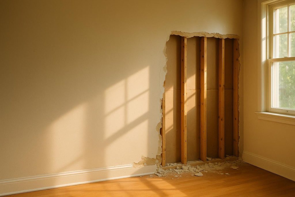 Partially demolished interior wall with exposed studs, showing removal of a load-bearing wall.
