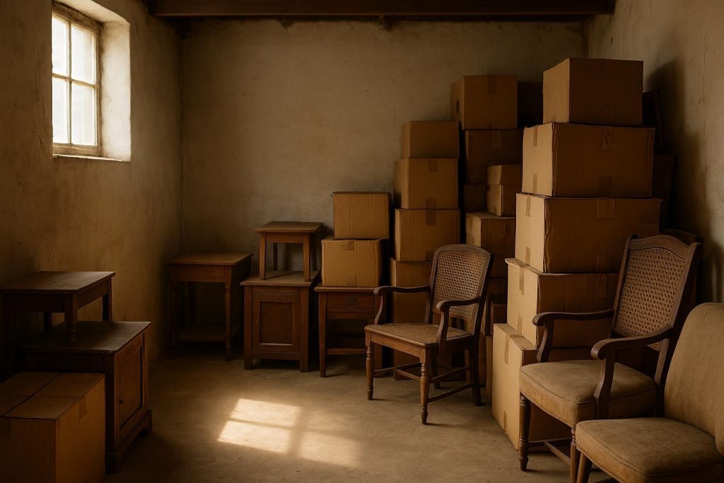 Cluttered living room with boxes and furniture, illustrating a hoarding cleanup scenario.
