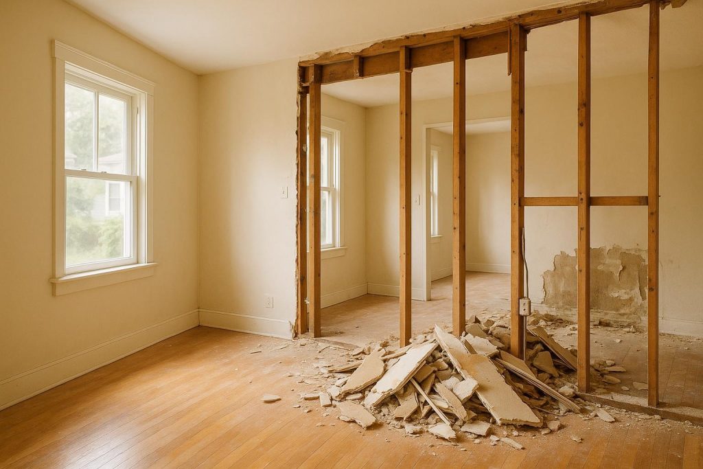 Partially demolished interior with debris and tools, showcasing junk removal differences.