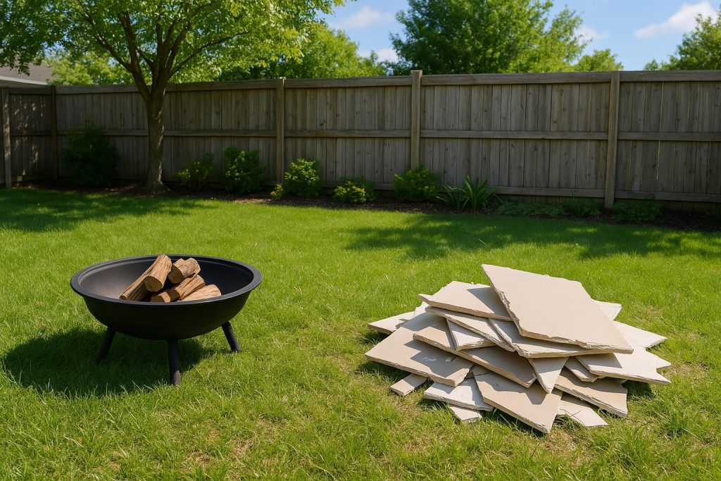 Backyard fire pit beside leftover drywall, illustrating concerns about burning drywall.