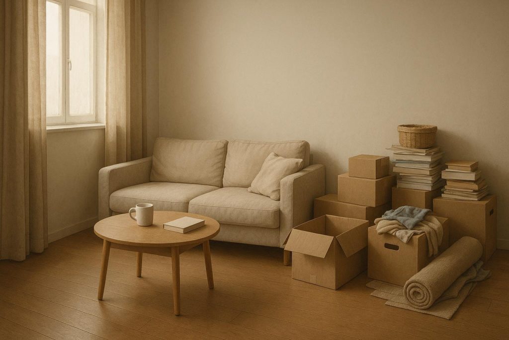 Boxes and clutter in a living room corner, illustrating potential hoarding causes.