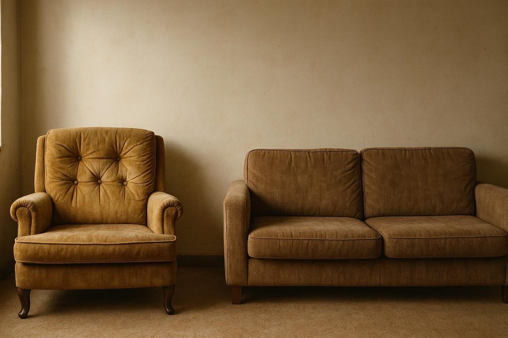 Old armchair and sofa positioned for used furniture removal.