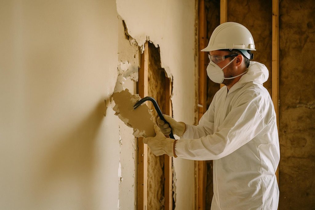 Professional removing drywall during a demolition to highlight free drywall demolition estimates.