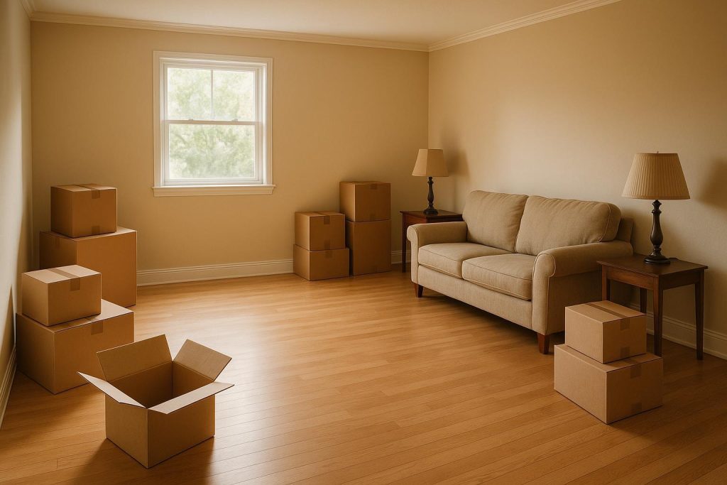 Partially cleared living room with boxes for an estate cleanout.