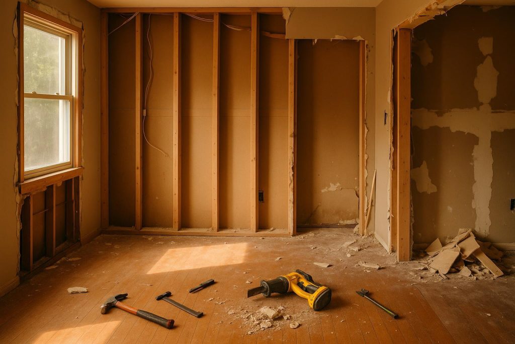Worker removing old drywall for interior renovation in a partial drywall demolition.